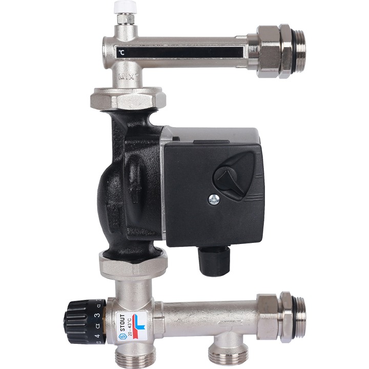 SDG-0120-005001 STOUT Насосно-смесительный узел с термостатическим клапаном 20-43°C жидкокристаллическим термометром, с насосом UPSO 25-65, 130 mm SDG-0120-005001